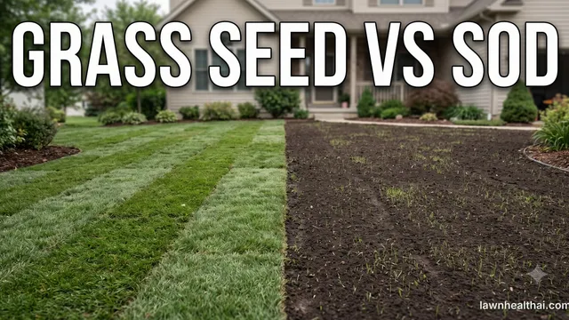 A front lawn split down the middle: freshly laid sod strips with visible seams on the left and bare dark soil carrying sparse new grass seedlings on the right, a two-storey American house behind, with the words “Grass Seed vs Sod” set across the top