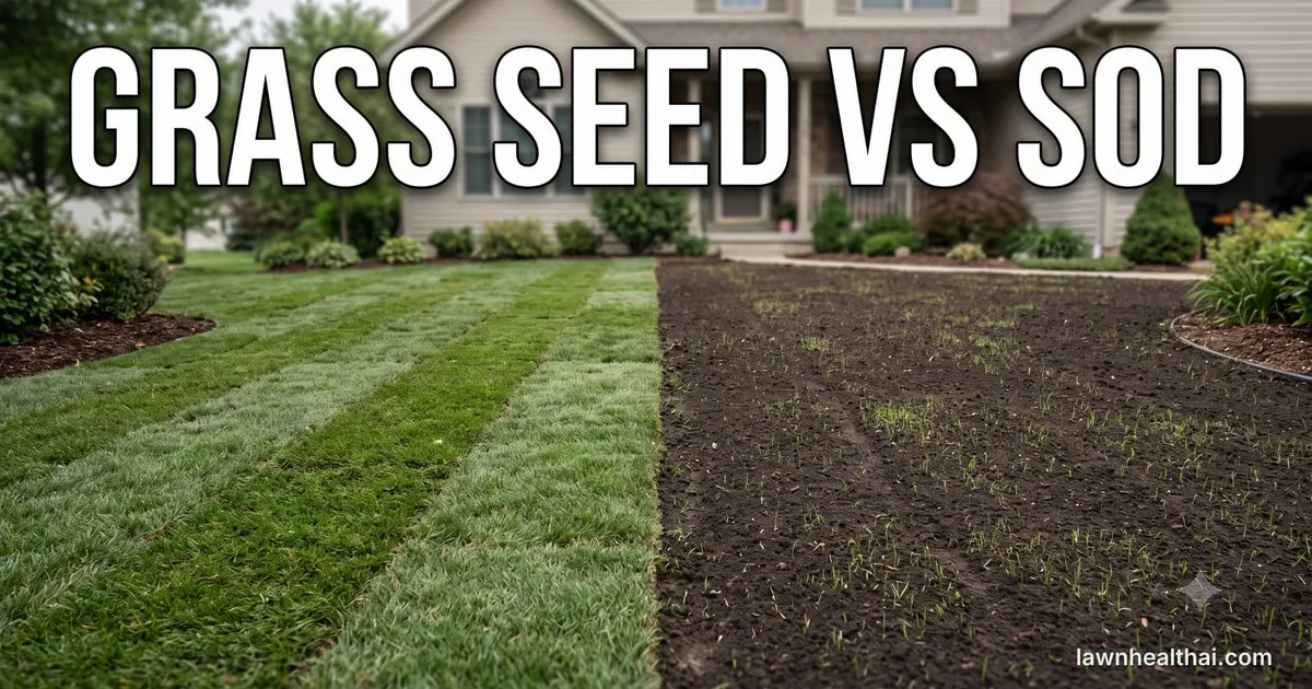 A front lawn split down the middle: freshly laid sod strips with visible seams on the left and bare dark soil carrying sparse new grass seedlings on the right, a two-storey American house behind, with the words “Grass Seed vs Sod” set across the top