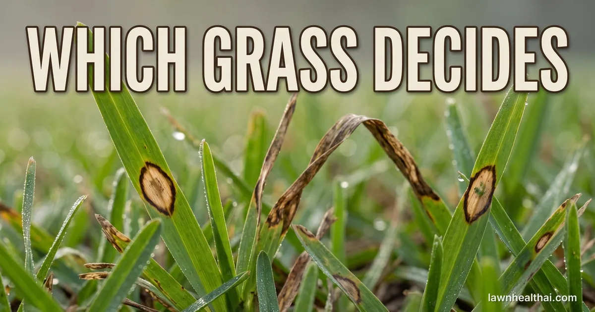A macro view of grass blades carrying oval tan lesions with dark brown borders, several blades collapsed and blighted behind them in humid morning light, with the words “Which Grass Decides” set across the top of the frame — Delaware