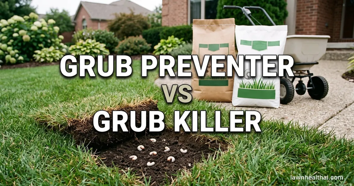 Two unbranded granular lawn insecticide bags side by side on a driveway beside a broadcast spreader, with a peeled-back flap of turf in the foreground showing white grubs in the soil, and the words Grub Preventer vs Grub Killer set across the image