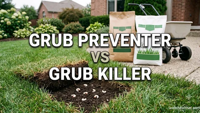 Two unbranded granular lawn insecticide bags side by side on a driveway beside a broadcast spreader, with a peeled-back flap of turf in the foreground showing white grubs in the soil, and the words Grub Preventer vs Grub Killer set across the image