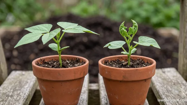 Two seedling pots side by side on a bench, one with normal bean leaves and one with distorted cupped leaves, beside a pile of compost