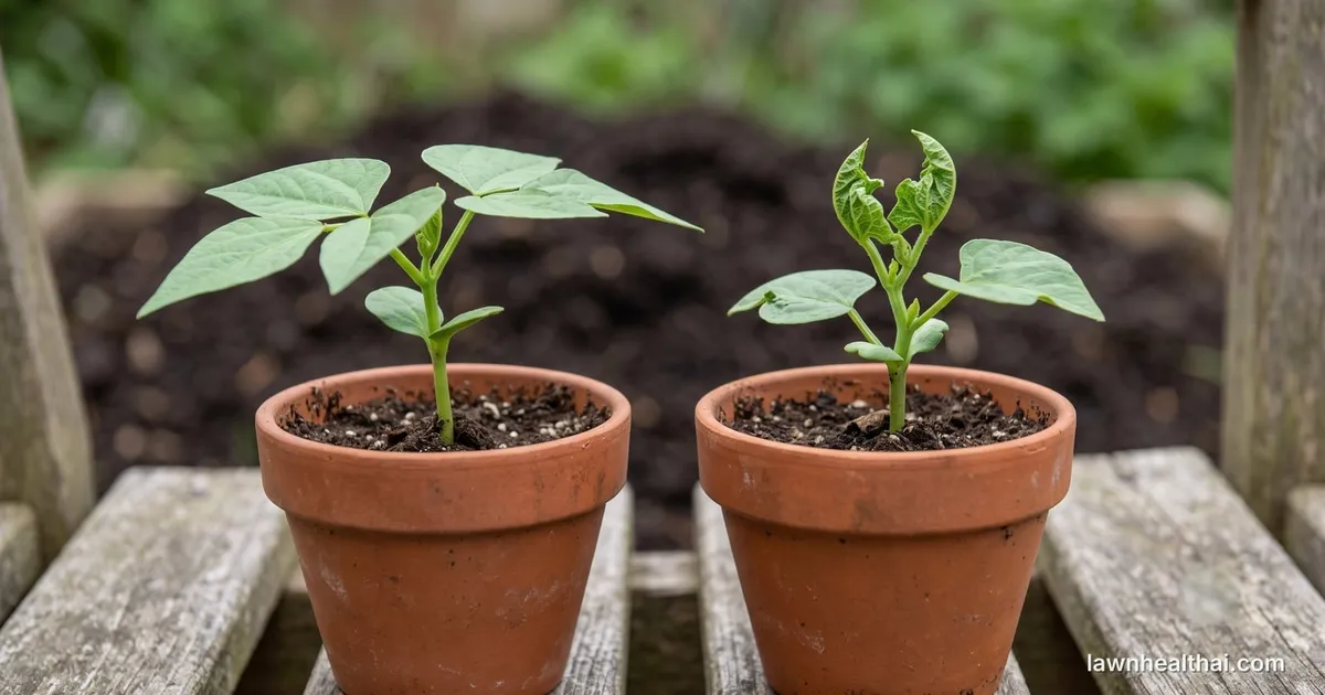 Two seedling pots side by side on a bench, one with normal bean leaves and one with distorted cupped leaves, beside a pile of compost