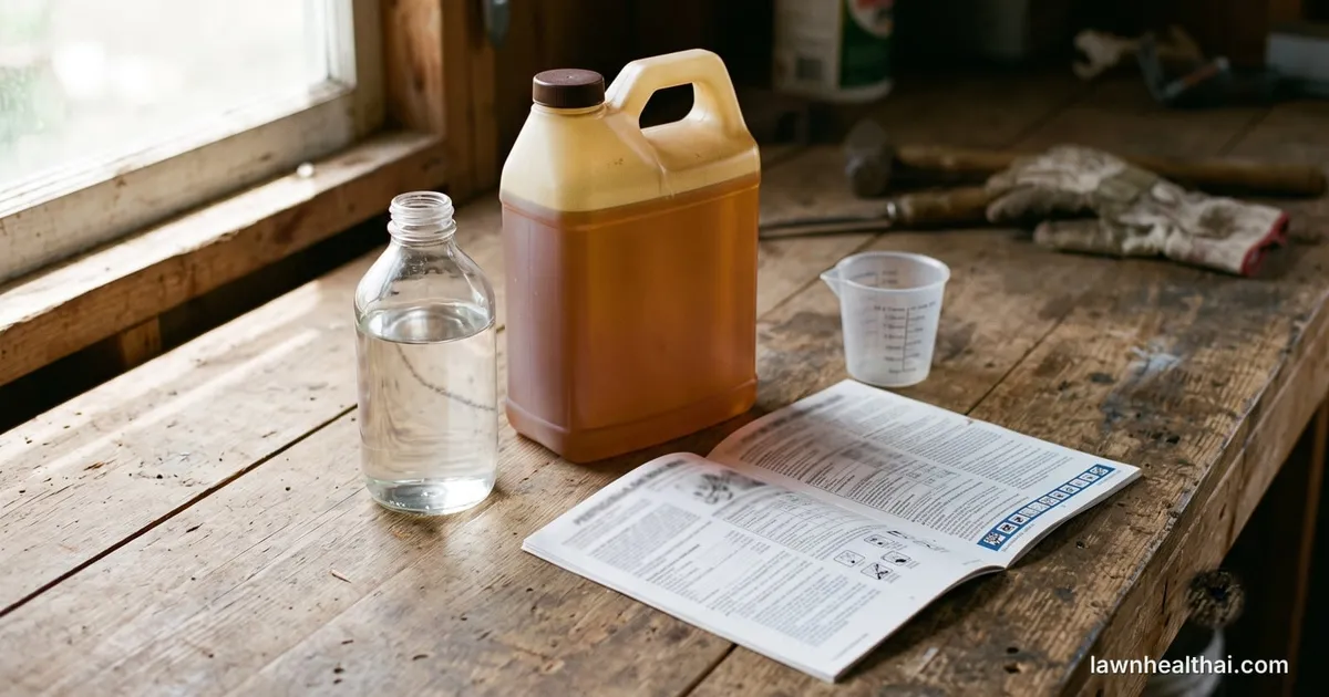 A bottle of non-ionic surfactant and a jug of crop oil concentrate standing beside a measuring cup and an open herbicide label booklet on a workbench