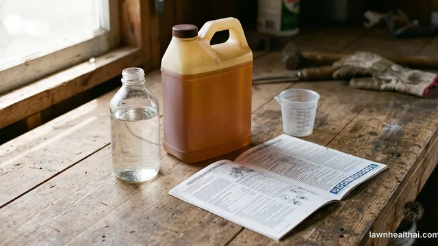 A bottle of non-ionic surfactant and a jug of crop oil concentrate standing beside a measuring cup and an open herbicide label booklet on a workbench