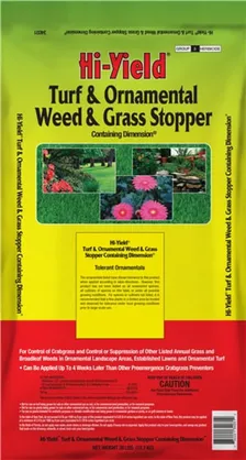 Hi-Yield Turf & Ornamental Weed & Grass Stopper with Dimension, 9.6 lb — pre-emergent herbicide with early post-emergent activity, manufacturer product photograph