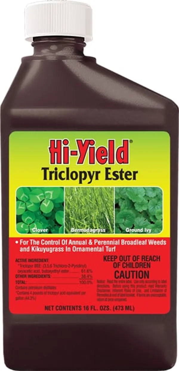 Hi-Yield Triclopyr Ester, 16 oz — selective broadleaf herbicide — cool-season turf label product photograph on a plain background