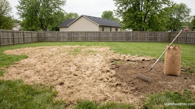 A patch of straw-brown dead grass killed off with herbicide beside a bag of grass seed and a rake resting on the bare ground