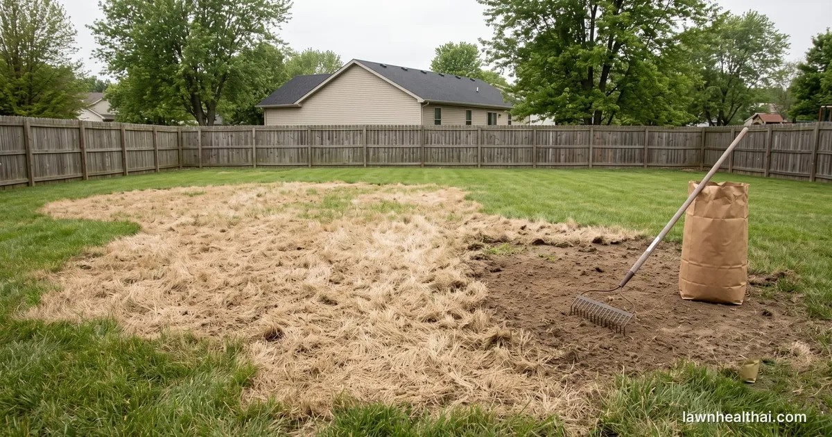A patch of straw-brown dead grass killed off with herbicide beside a bag of grass seed and a rake resting on the bare ground