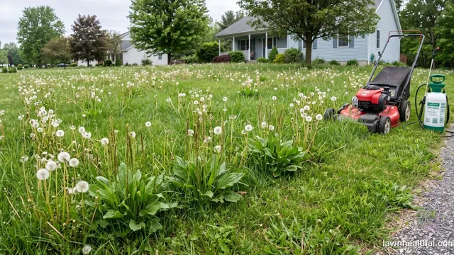 A lawn with tall broadleaf weeds standing above the grass, a mower parked at the edge and a pump sprayer beside it