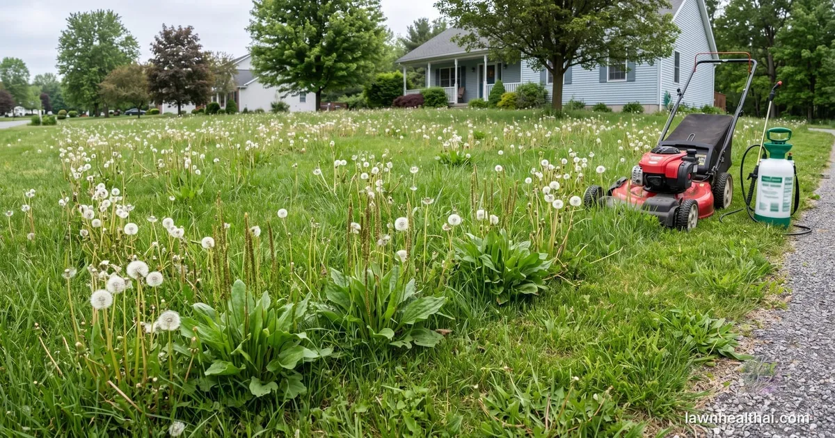 A lawn with tall broadleaf weeds standing above the grass, a mower parked at the edge and a pump sprayer beside it