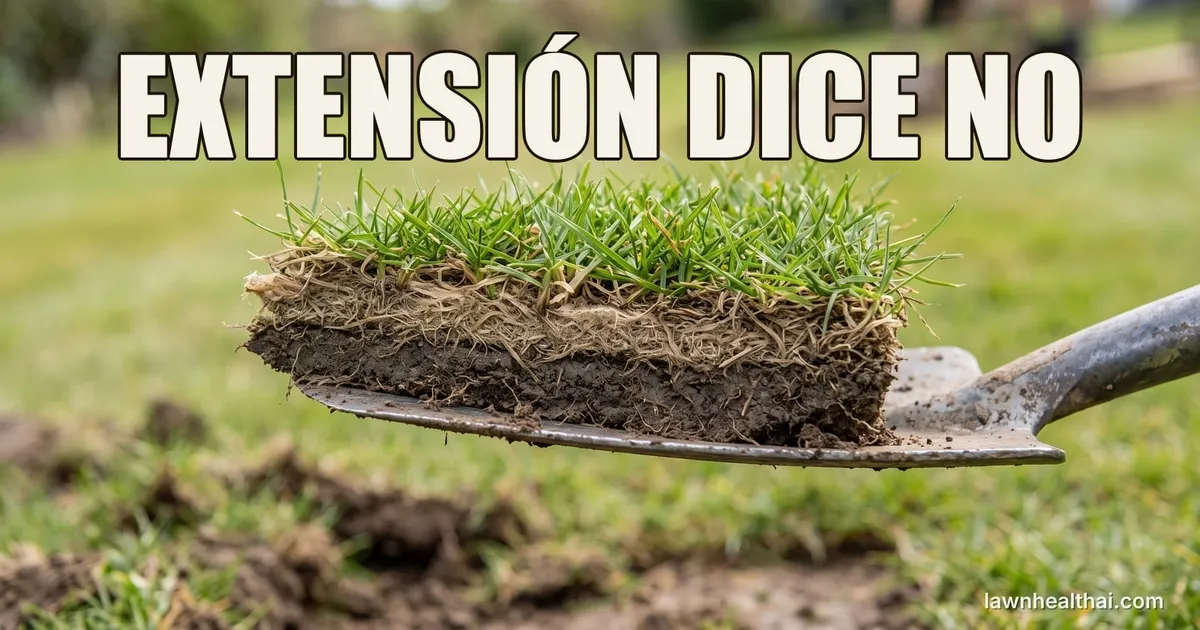 Una cuña de césped cortada del jardín y sostenida sobre la hoja de una pala, mostrando una capa marrón esponjosa y bien definida de tallos y raíces entre la hierba verde y el suelo, con las palabras “EXTENSIÓN DICE NO” dispuestas en la parte superior del encuadre