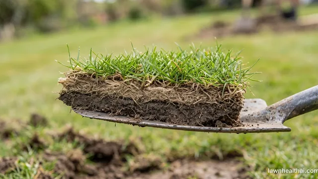 A wedge of turf cut from a lawn and held on a spade blade, showing a distinct spongy brown layer of stems and roots between the green grass and the soil