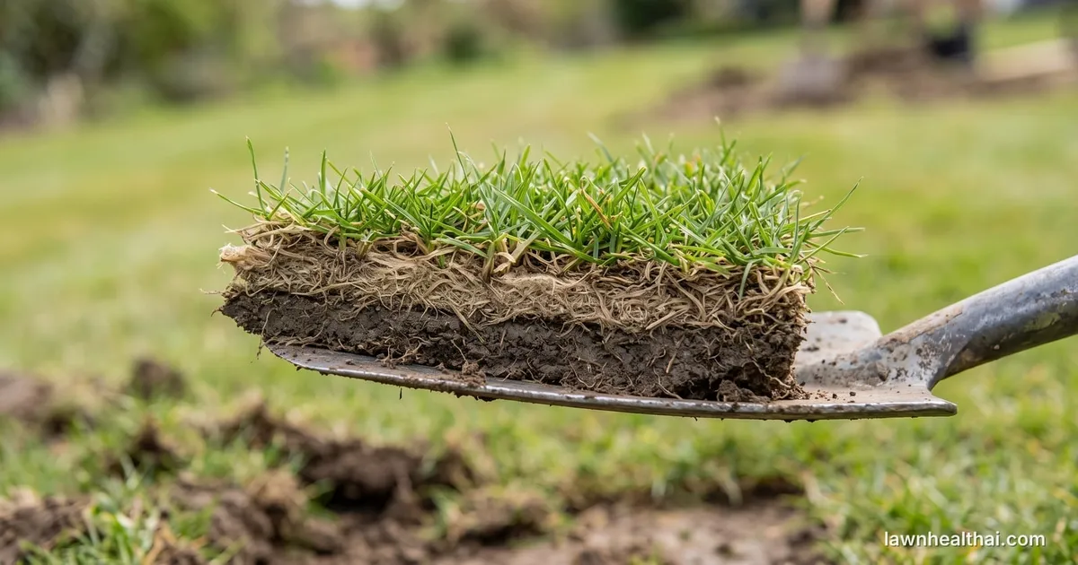 A wedge of turf cut from a lawn and held on a spade blade, showing a distinct spongy brown layer of stems and roots between the green grass and the soil