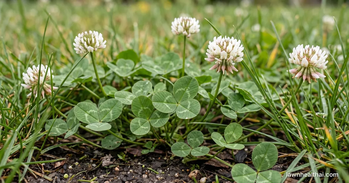 White clover spreading at grass level through thin lawn turf, photographed low to the ground — three-leaflet leaves each showing the pale crescent watermark that identifies the species, with spherical white flower heads tinged pink at the base standing just above them