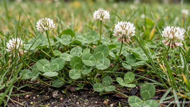 White clover spreading at grass level through thin lawn turf, photographed low to the ground — three-leaflet leaves each showing the pale crescent watermark that identifies the species, with spherical white flower heads tinged pink at the base standing just above them