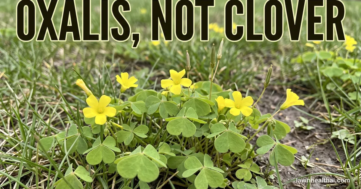 A clump of yellow woodsorrel growing through thin grass, its three heart-shaped leaflets clearly notched at the tips, several five-petalled yellow flowers open among them and slim upright seed capsules standing above the foliage, with the words “Oxalis, Not Clover” set across the top