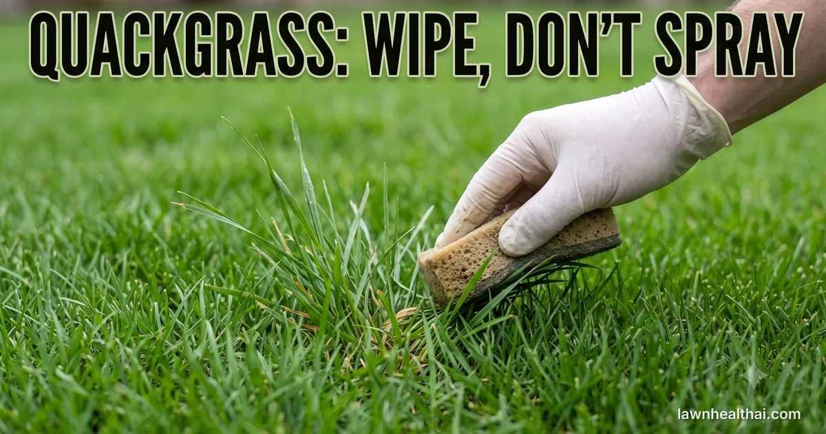 A gloved hand pressing a damp sponge applicator against the blades of a single coarse upright clump of grassy weed growing in an otherwise even green lawn, the turf immediately around it untouched and healthy, with the words “Quackgrass: Wipe, Don’t Spray” set across the top