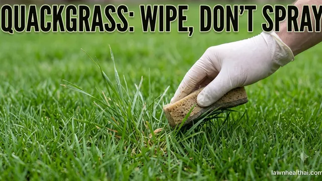 A gloved hand pressing a damp sponge applicator against the blades of a single coarse upright clump of grassy weed growing in an otherwise even green lawn, the turf immediately around it untouched and healthy, with the words “Quackgrass: Wipe, Don’t Spray” set across the top