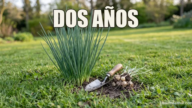 Una mata de hojas altas y delgadas de cebolla silvestre asomando muy por encima del césped segado de alrededor, con una desplantadora de mano y un grupo de bulbos levantados a su lado, con las palabras “DOS AÑOS” dispuestas en la parte superior del encuadre