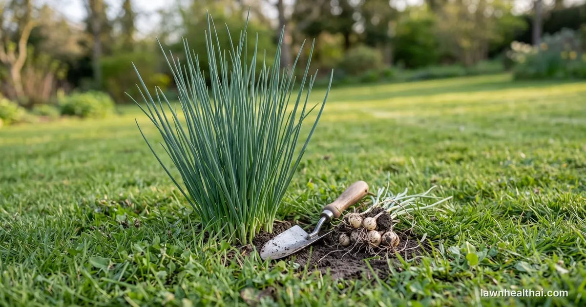 A clump of tall slender wild onion leaves standing well above the surrounding mown lawn grass, with a hand trowel and a lifted bulb cluster beside it