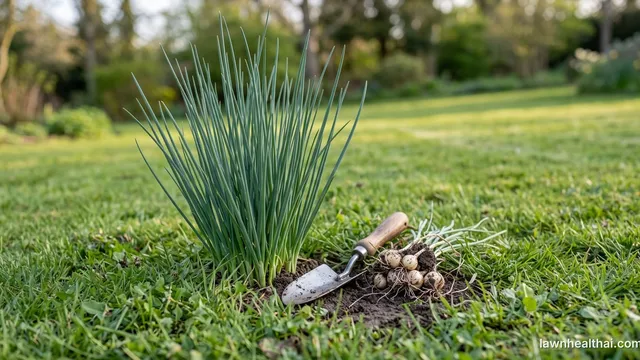 A clump of tall slender wild onion leaves standing well above the surrounding mown lawn grass, with a hand trowel and a lifted bulb cluster beside it