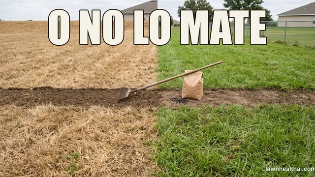 Un césped medio eliminado hasta quedar hierba muerta color paja y medio todavía verde, con un rastrillo y una bolsa de semilla sobre la franja desnuda ya preparada entre los dos, con las palabras “O NO LO MATE” dispuestas en la parte superior del encuadre