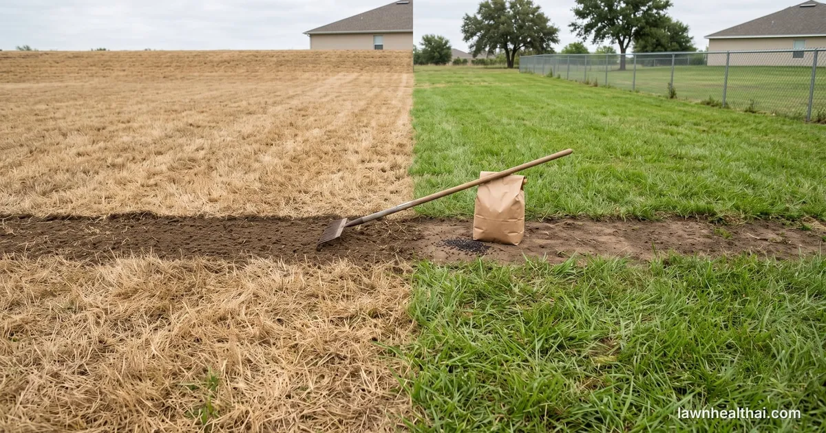 A lawn half killed off to straw-brown dead grass and half still green, with a rake and a bag of seed on the bare prepared strip between them