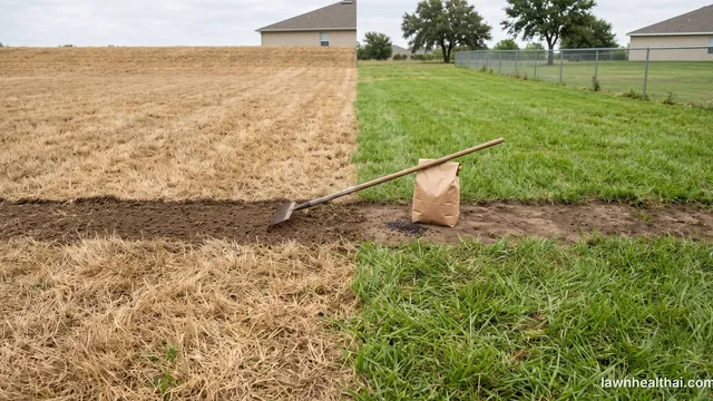 A lawn half killed off to straw-brown dead grass and half still green, with a rake and a bag of seed on the bare prepared strip between them