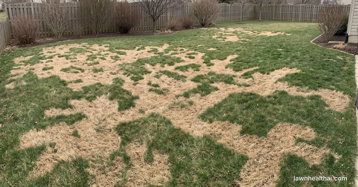 A cool-season lawn in early spring with straw-brown patches of dormant bermudagrass spreading in irregular fingers across much of the green fescue, a wooden fence and bare shrubs behind
