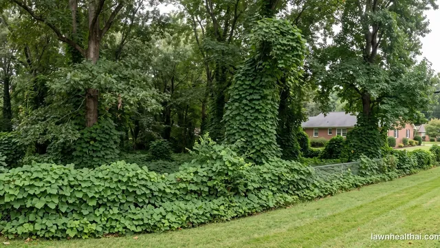 A kudzu infestation covering the ground and climbing into trees at the edge of a residential property, with a mown lawn in the foreground