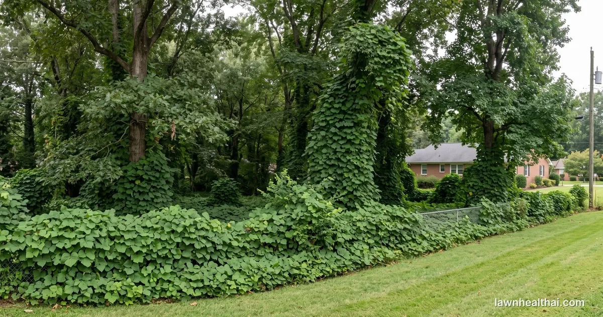 A kudzu infestation covering the ground and climbing into trees at the edge of a residential property, with a mown lawn in the foreground