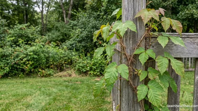 Poison ivy climbing a wooden fence post at the edge of a lawn, its three-leaflet leaves glossy green, with a hairy aerial-rooted vine visible on the post