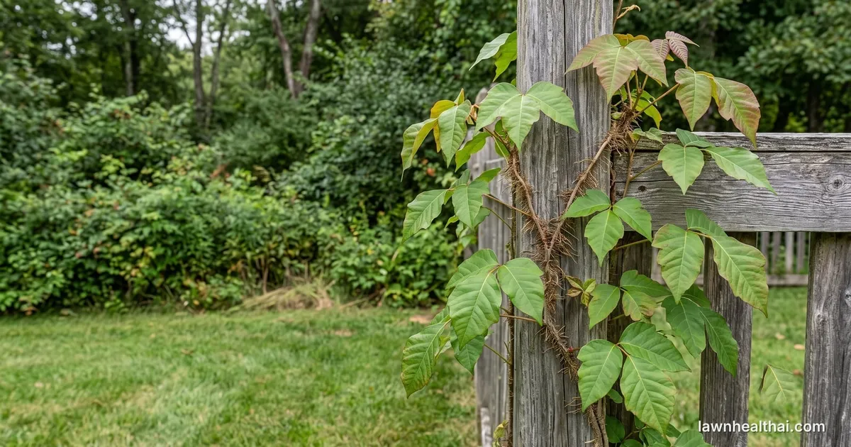 Poison ivy climbing a wooden fence post at the edge of a lawn, its three-leaflet leaves glossy green, with a hairy aerial-rooted vine visible on the post