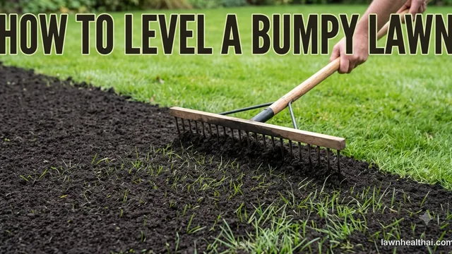 A person drawing a wooden levelling rake through dark topdressing soil spread in a thin layer over a green lawn, grass blades showing through the dressing and untouched turf alongside, with the words “How to Level a Bumpy Lawn” set across the top