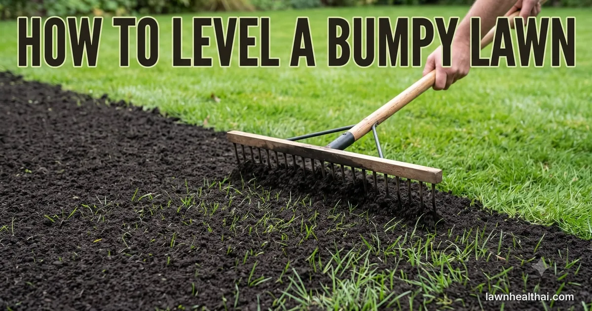 A person drawing a wooden levelling rake through dark topdressing soil spread in a thin layer over a green lawn, grass blades showing through the dressing and untouched turf alongside, with the words “How to Level a Bumpy Lawn” set across the top