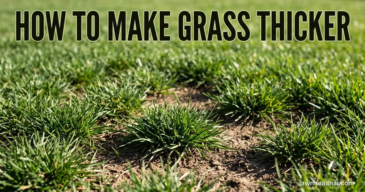 Separate clumps of green grass growing with bare soil clearly visible between them — the bunch-type habit that cannot spread sideways to close its own gaps — photographed at ground level, with the words “How to Make Grass Thicker” set across the top