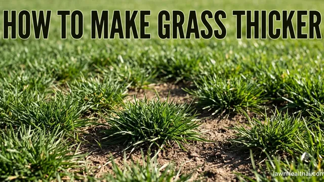 Separate clumps of green grass growing with bare soil clearly visible between them — the bunch-type habit that cannot spread sideways to close its own gaps — photographed at ground level, with the words “How to Make Grass Thicker” set across the top