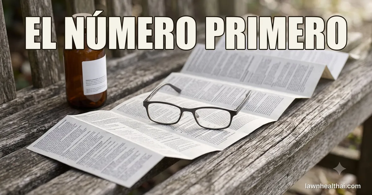 Una botella de concentrado herbicida sobre un banco de jardín con su folleto de etiqueta desplegado y abierto al lado, y unas gafas de lectura encima, con las palabras “EL NÚMERO PRIMERO” dispuestas en la parte superior del encuadre