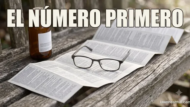 Una botella de concentrado herbicida sobre un banco de jardín con su folleto de etiqueta desplegado y abierto al lado, y unas gafas de lectura encima, con las palabras “EL NÚMERO PRIMERO” dispuestas en la parte superior del encuadre