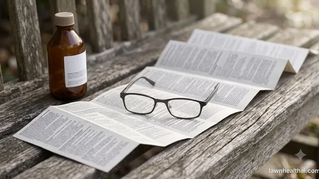 A herbicide concentrate bottle standing on a garden bench with its folded label booklet opened out flat beside it, reading glasses on top