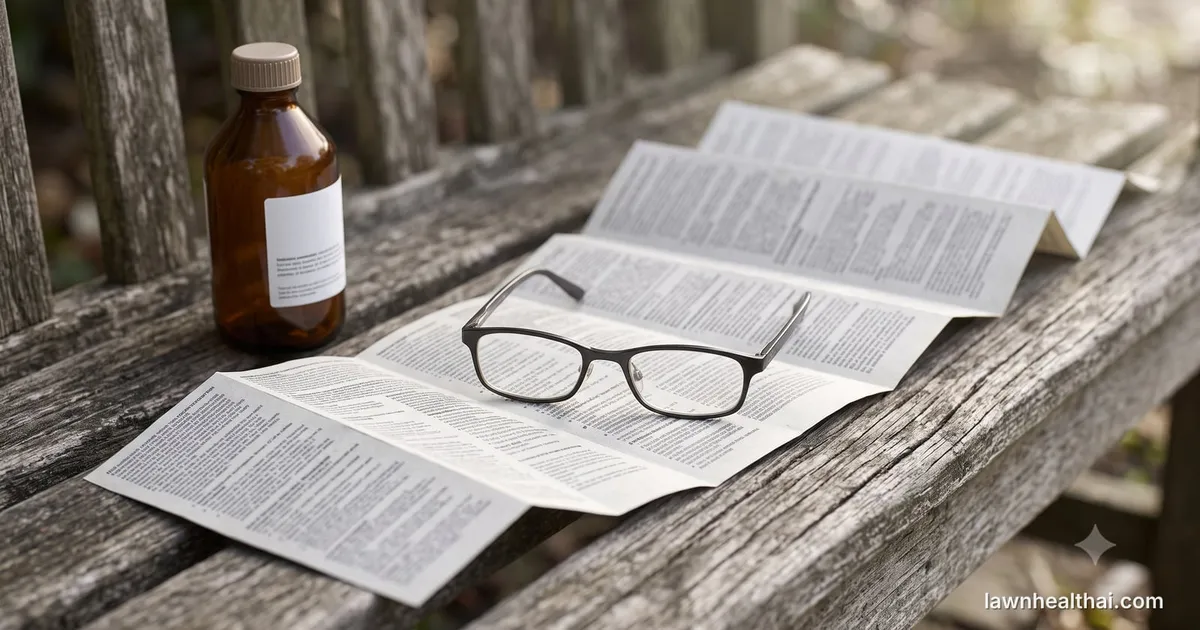 A herbicide concentrate bottle standing on a garden bench with its folded label booklet opened out flat beside it, reading glasses on top