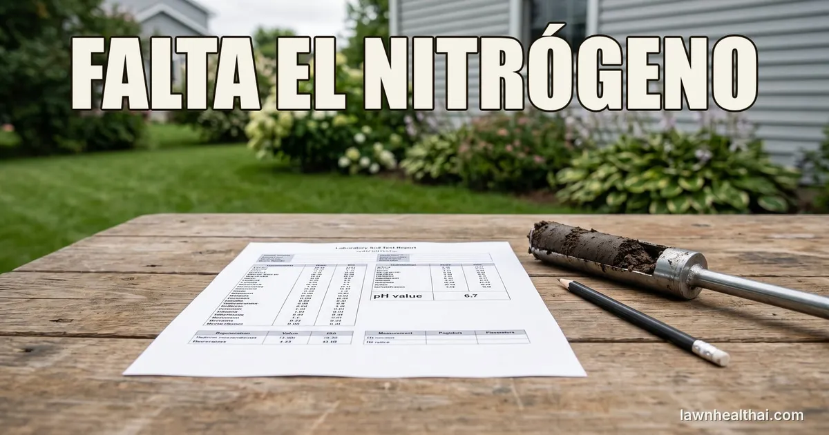 Un informe impreso de análisis de suelo de laboratorio sobre una mesa de exterior desgastada, con las columnas de nutrientes demasiado pequeñas para leerse pero un valor de pH de 6.7 claramente legible, junto a una sonda de suelo con un núcleo de tierra oscura y un lápiz, con las palabras “FALTA EL NITRÓGENO” dispuestas en la parte superior del encuadre