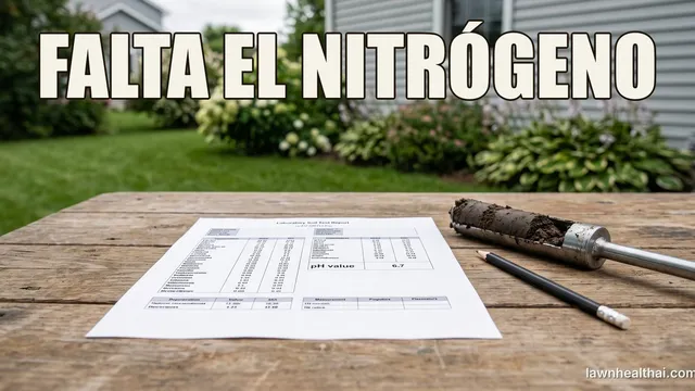 Un informe impreso de análisis de suelo de laboratorio sobre una mesa de exterior desgastada, con las columnas de nutrientes demasiado pequeñas para leerse pero un valor de pH de 6.7 claramente legible, junto a una sonda de suelo con un núcleo de tierra oscura y un lápiz, con las palabras “FALTA EL NITRÓGENO” dispuestas en la parte superior del encuadre