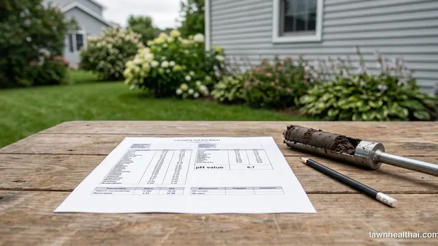 A printed laboratory soil test report on a weathered outdoor table, its nutrient columns too small to read but a pH value of 6.7 clearly legible, beside a soil probe holding a core of dark soil and a pencil