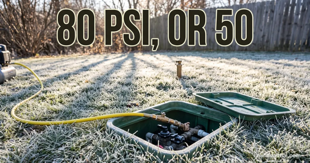 An open irrigation valve box in a lawn on a frosty autumn morning with an air compressor hose coupled to the blow-out fitting beside it, frost on the surrounding grass and a sprinkler head visible in the background, with the words “80 PSI, OR 50” set across the top of the frame
