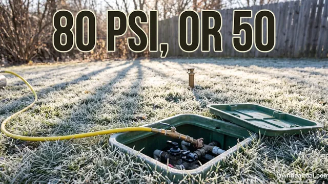 An open irrigation valve box in a lawn on a frosty autumn morning with an air compressor hose coupled to the blow-out fitting beside it, frost on the surrounding grass and a sprinkler head visible in the background, with the words “80 PSI, OR 50” set across the top of the frame