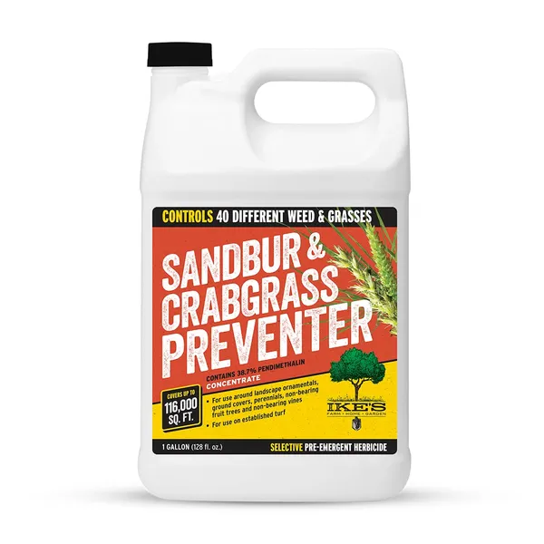 Ike's Sandbur & Crabgrass Preventer, 1 Quart — pre-emergent herbicide product photograph on a plain background