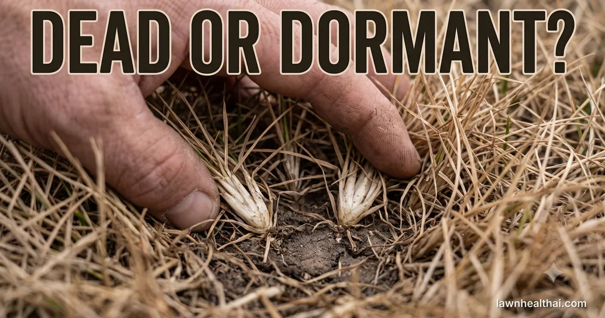 A hand parting straw-brown dormant turf to expose two grass crowns at the soil line, both still firm and cream-white rather than shrivelled, with a few green blades among the brown, and the words “Dead or Dormant?” set across the top