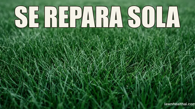 Un césped denso de poa de Kentucky de color verde oscuro fotografiado a nivel de hoja, con hojas finas y estrechas que forman una alfombra continua sin huecos visibles entre plantas, con las palabras “SE REPARA SOLA” dispuestas en la parte superior del encuadre